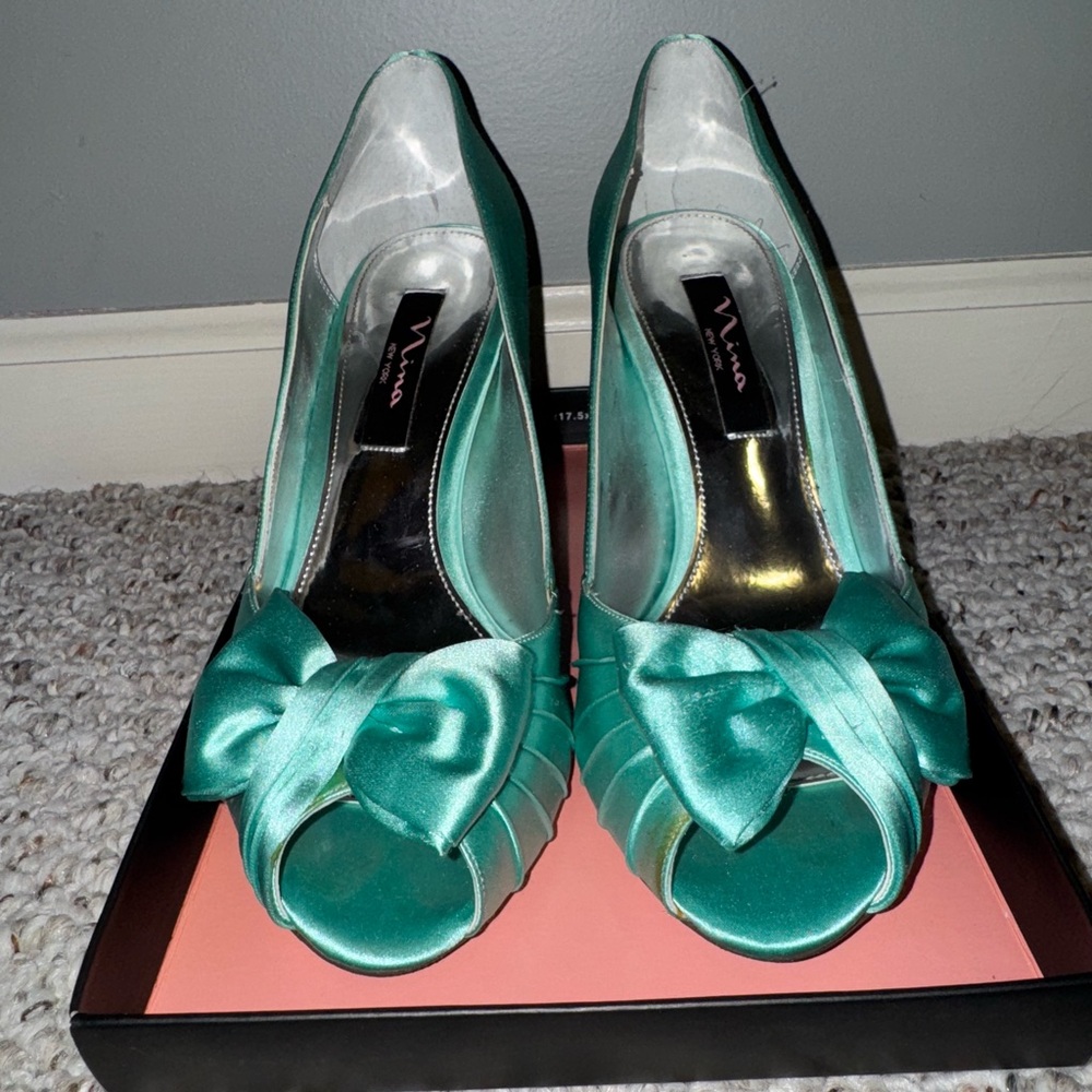 Green Satin Peep-Toe Heels Nina